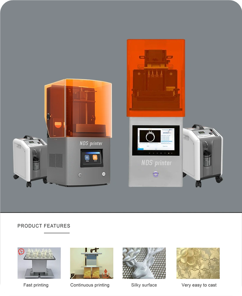 The NDSpace 3D DLP Jewelry Wax Printer is a 3D printer specifically designed for jewelry printing. It has a variety of printing area options to meet the needs of 95% of high-difficulty jewelry printing on the market. Using Texas Instruments DMD chip and DLP technology light curing forming, the printing accuracy is up to micron level, which can perfectly show the delicate texture and exquisite details of jewelry. Equipped with Envision’s DuPont™ ultra-permeable oxygen release technology, the demolding is smoother and more refined, and continuous printing clip technology can be realized, ensuring high precision and clarity. Equipped with MICiTECH 5L medical oxygen generator, the whole machine is guaranteed for 2 years, and the stable oxygen supply ensures smooth and continuous printing, ensuring the continuous and stable operation of the long-time printing process.